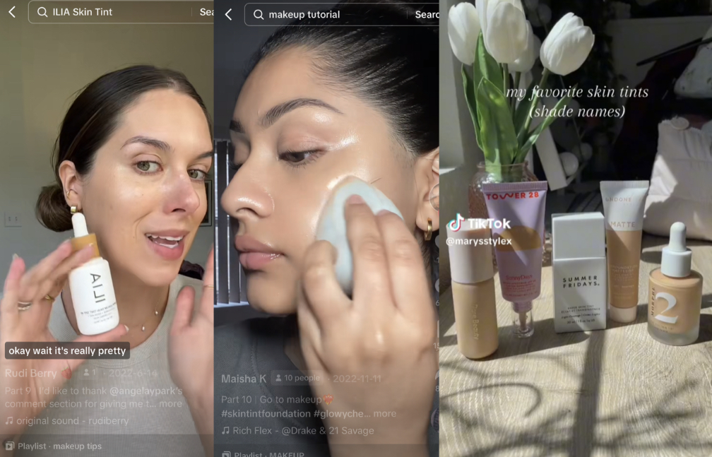Different makeup skin tints used by influencers